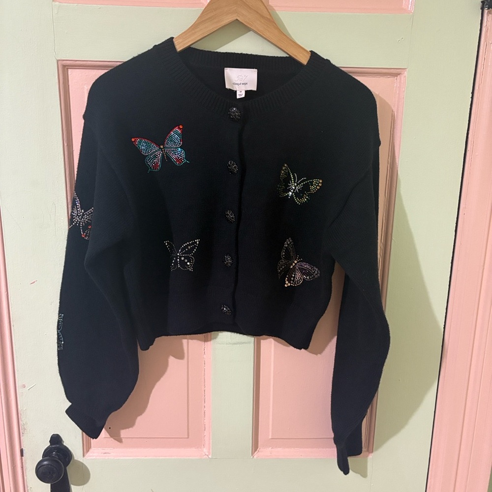 cinq a sept Black Embellished Butterfly Cropped Cardigan rhinestone Lisette